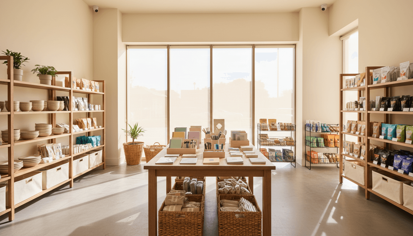 Modern retail marketplace with organized product displays and natural lighting